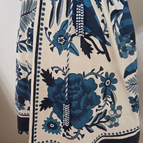 Farm Rio Tropical Tiles Mini Dress M Beaded Tassels Beachy Boho Cottage Hippie - Picture 6 of 12